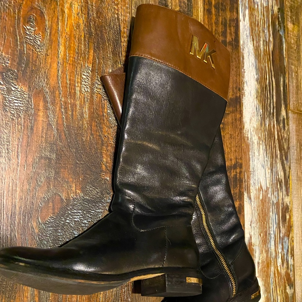 Michael Kors Hayley Leather Two Tone Riding Brown And Black Boots Size 7.5M
